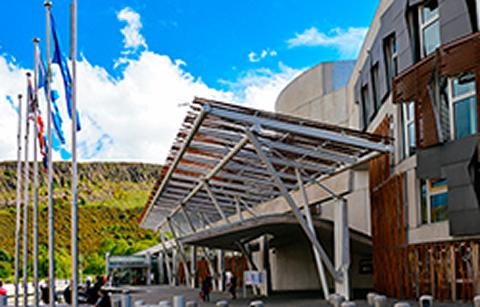 Scottish Parliament building and Salisbury Crags