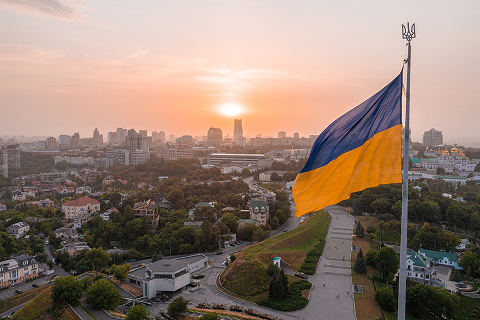 Ukrainian flag flying over Kyiv